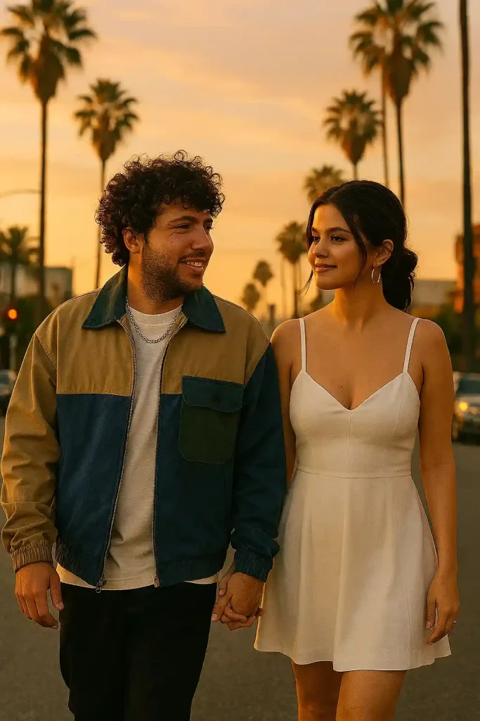 A photorealistic image of Benny Blanco and Selena Gomez walking hand-in-hand down a palm-lined street in Los Angeles at sunset. Benny wears a trendy, color-blocked jacket and white T-shirt, while Selena looks elegant in a white summer dress with gold hoop earrings. The warm golden light of the setting sun casts a romantic glow on them, highlighting their affectionate expressions. The background features tall palm trees, soft cinematic tones, and a relaxed city vibe, evoking a candid and modern love story.
