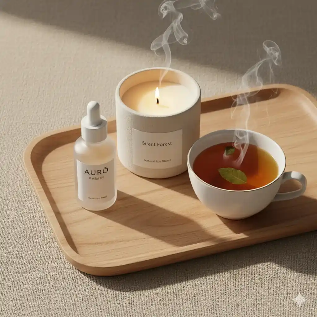 Minimalist Aurö wellness products—skincare bottles, soy candles, and herbal tea—arranged in soft natural light, evoking calm and balance