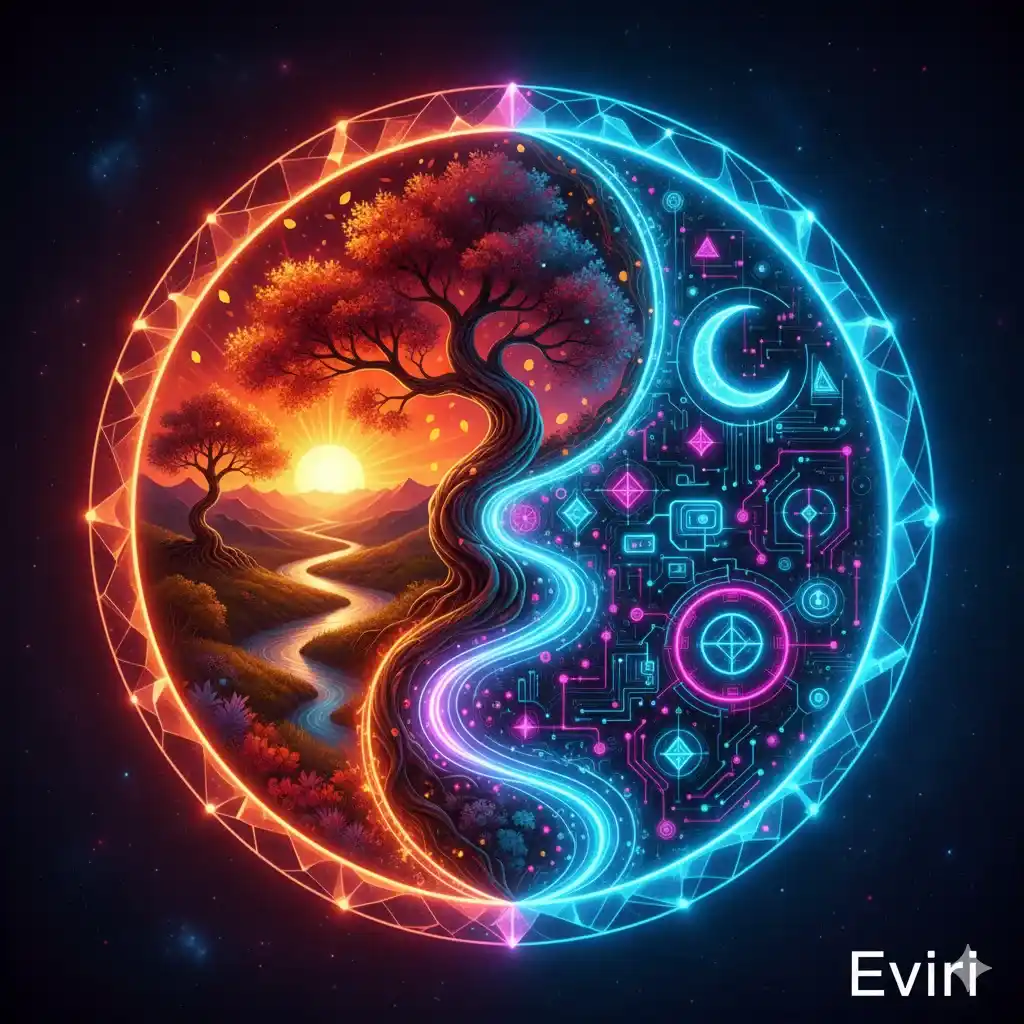 Abstract circular design blending natural and digital elements, symbolizing Evırı’s balance, resilience, and adaptability