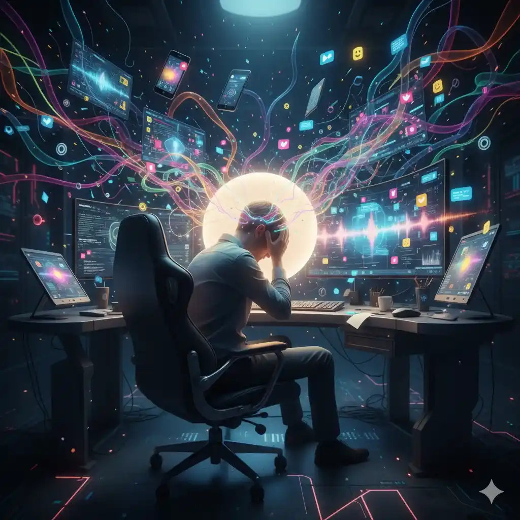 Overwhelmed person surrounded by buzzing phones, autoplay videos, and notification icons, symbolizing digital Winnoise