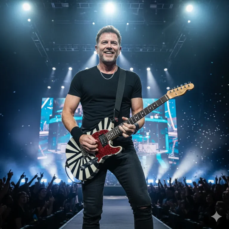 Wolfgang Van Halen after weight loss in 2025, performing live on stage with a slimmer, confident look and guitar in hand.