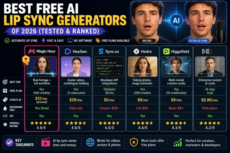 The best free AI lip sync generators of 2026 let you match mouth movements to any audio in minutes, without editing software or a camera crew.